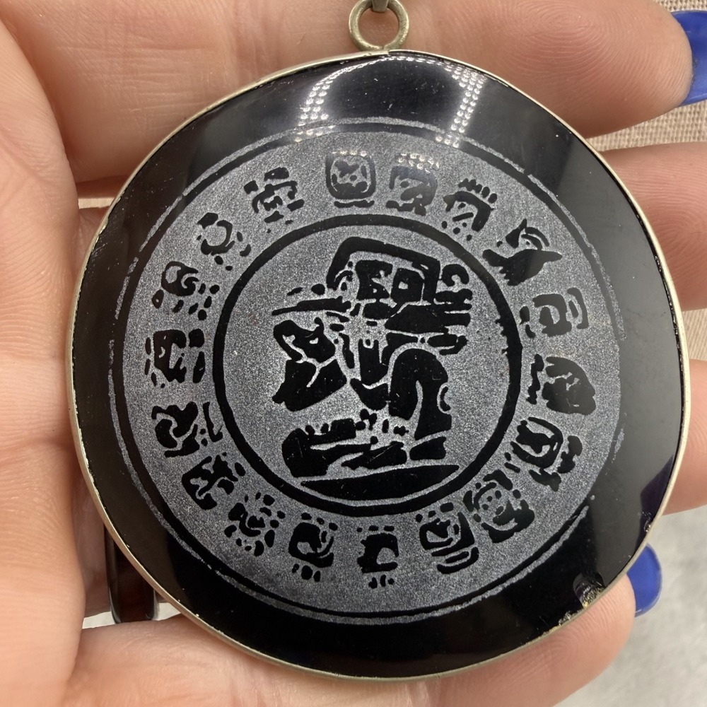 Vintage Mayan Calendar Necklace Black 22"